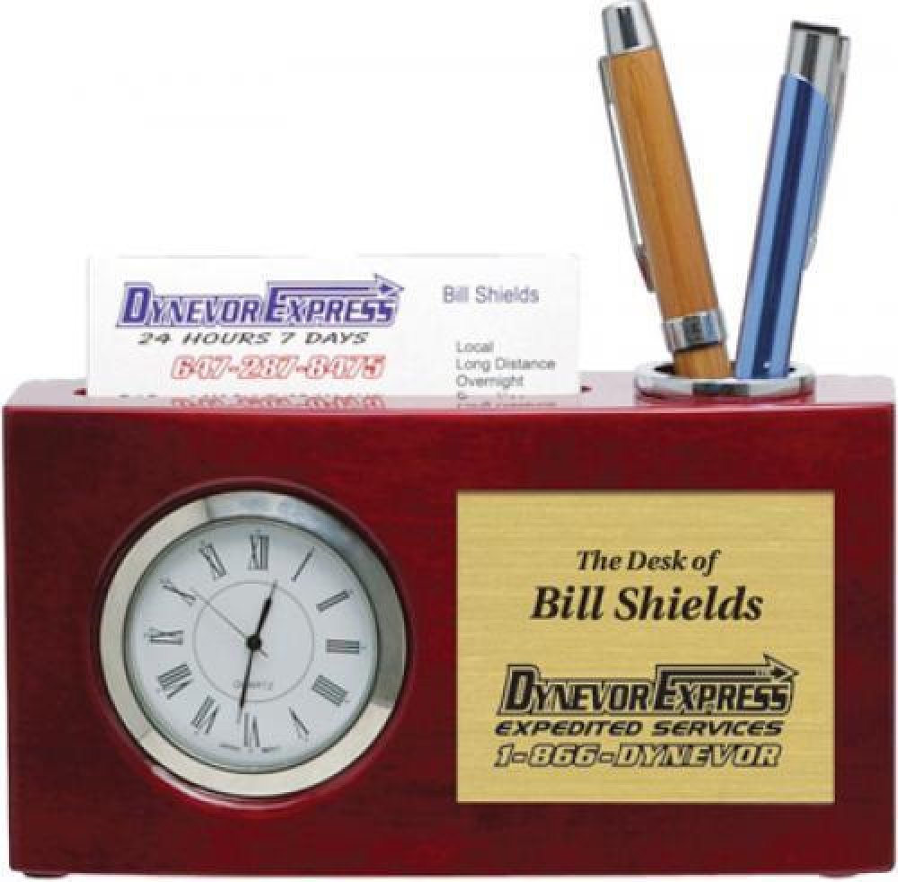 High Gloss Rosewood Desk Clock and Card Holder — High Gloss Rosewood Clock and Card Holder 3 1/2" X 6 1/4"