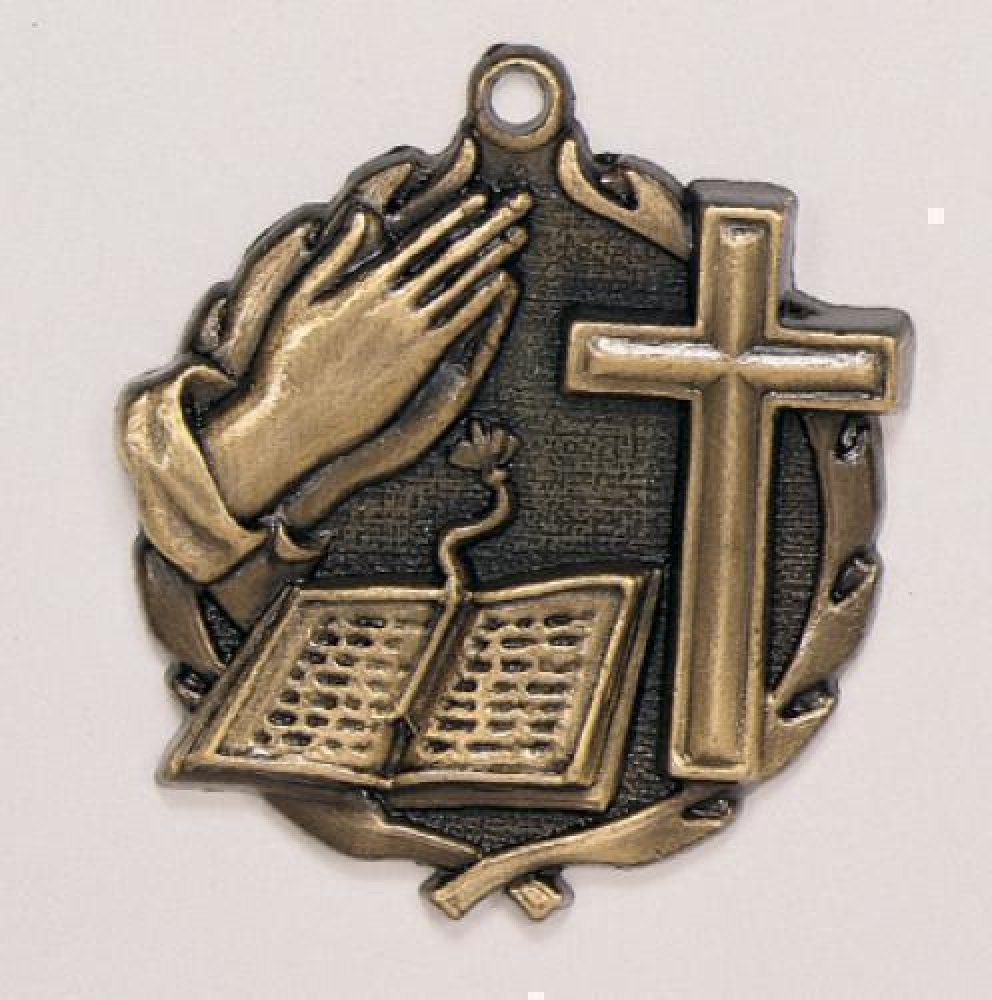 Wreath Medal -Religious Bible/Cross — Silver 1 3/4"