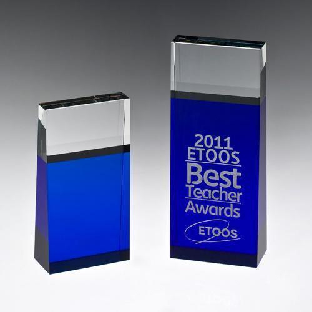 Blue Block Tower Crystal Award — 3-1/8"W x 1-1/2"D x 6"H