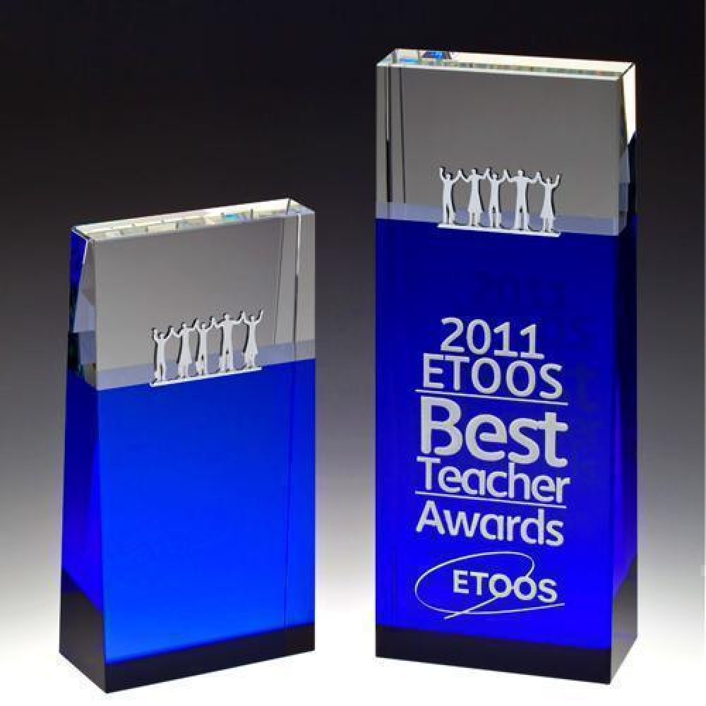 Together Blue Block Tower Crystal Award — 3-1/8"W x 1-1/2"D x 8"H