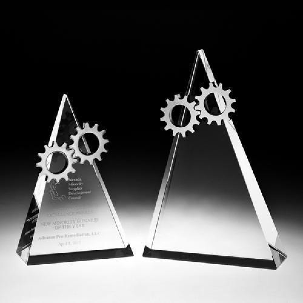 Gear Top Triangle Crystal Award — 6-1/2"W x 2"D x 10"H