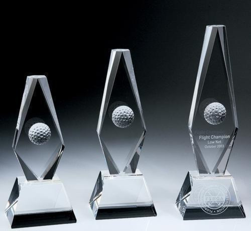 Golf Ball Diamond Trophy Crystal Award — 3-1/8"W x 2-3/8"D x 8-1/4"H