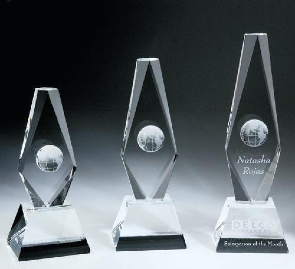 Diamond Globe Trophy Crystal Award — 3-1/8"W x 2-3/8"D x 8-1/4"H