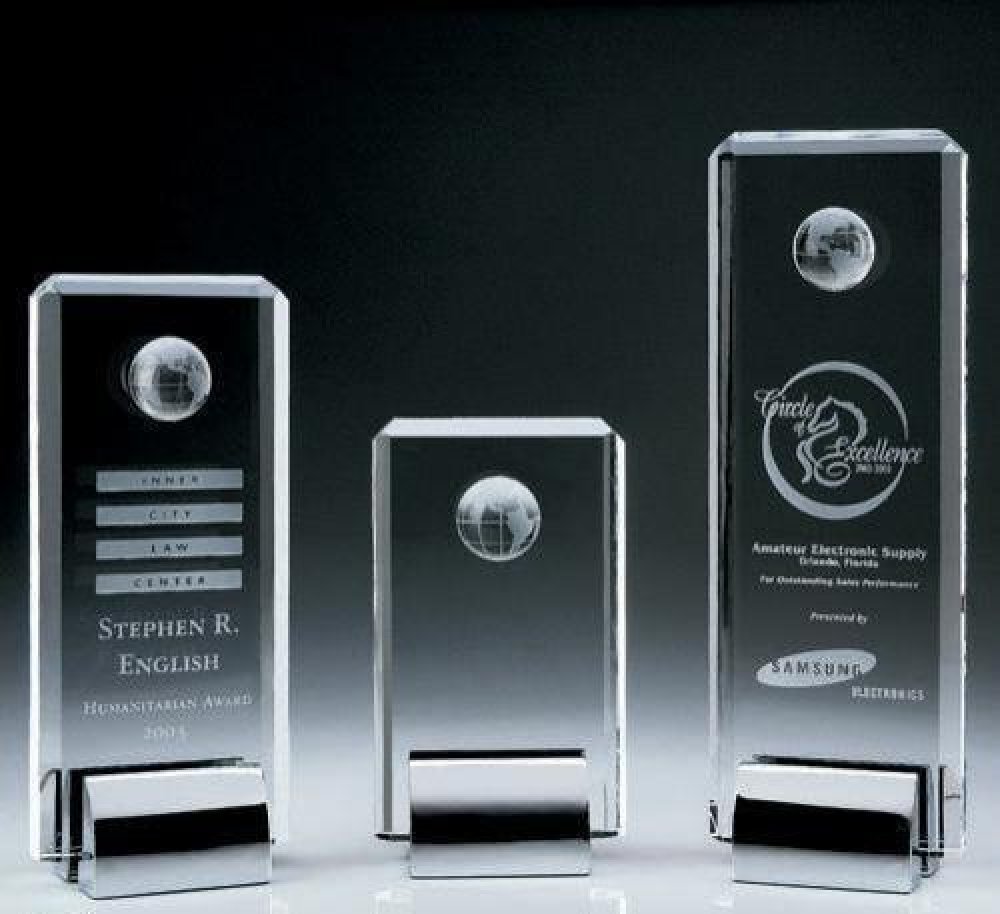 Crystal Tower Award W/Globe — 4"W x 2-3/8"D x 6-3/8"H