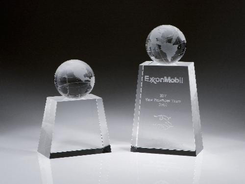 Pandora Globe Tower Crystal Award — 4"W x 2"D x 5-3/4"H