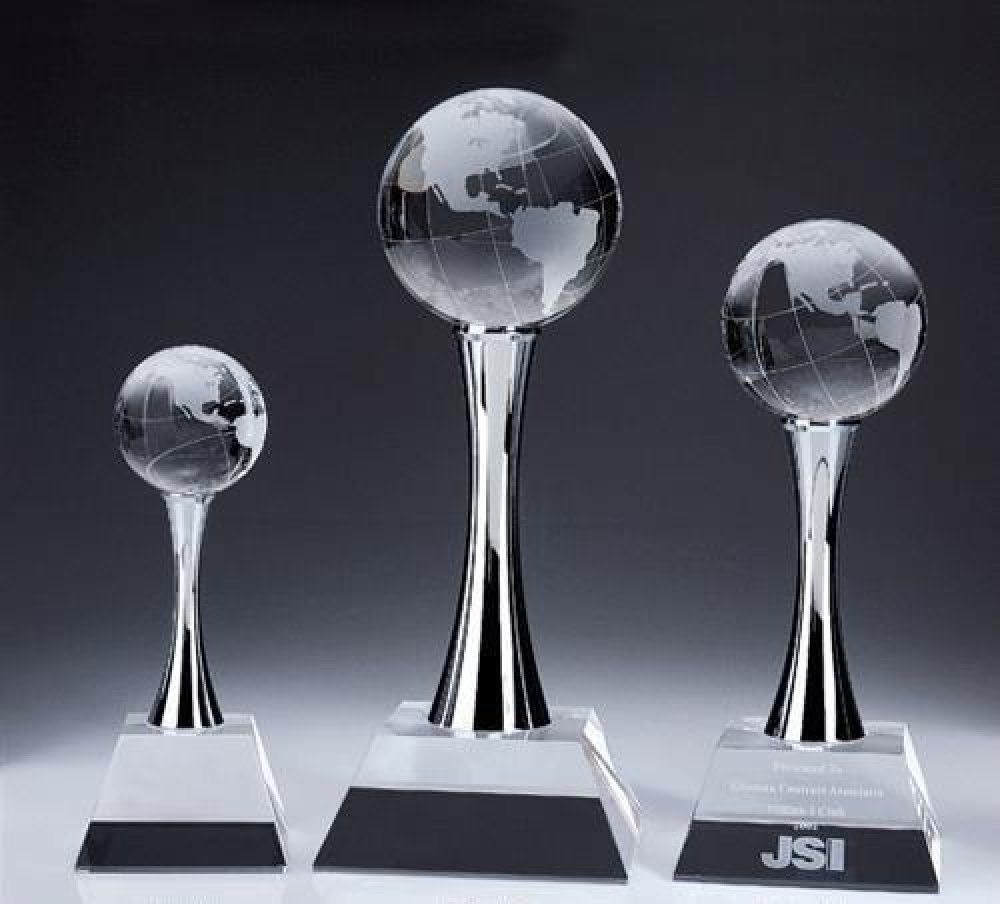 Globe Trophy Crystal Award — 4-3/4"W x 4-3/4"D x 12"H