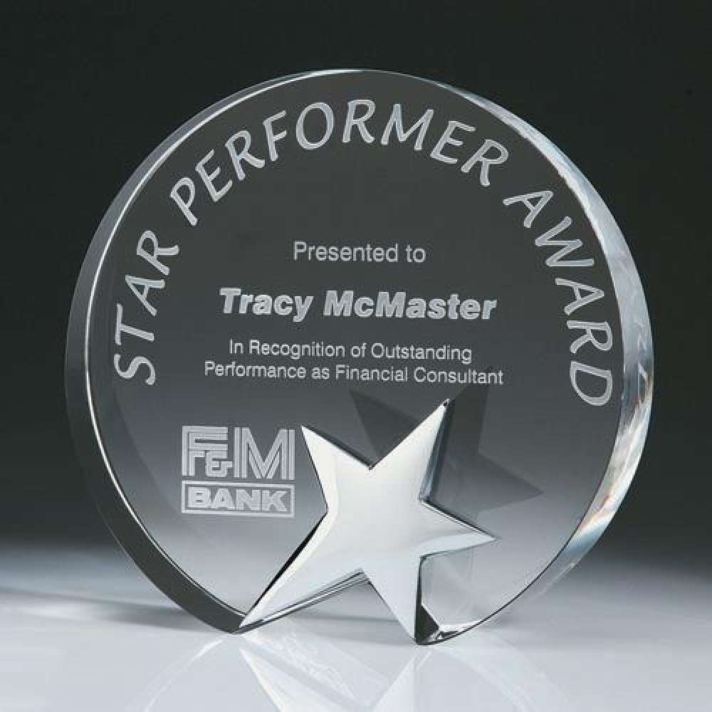 Top Star Circle Crystal Award — 6"W x 1-1/2"D x 6"H