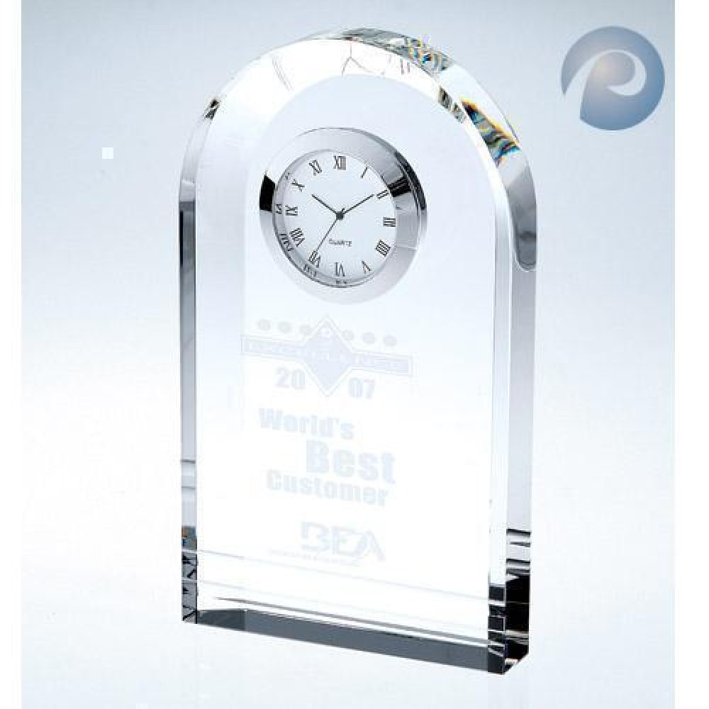 Optical Crystal Royal Clock Arch Tower — 7"H x 4"W x 1-3/16"D