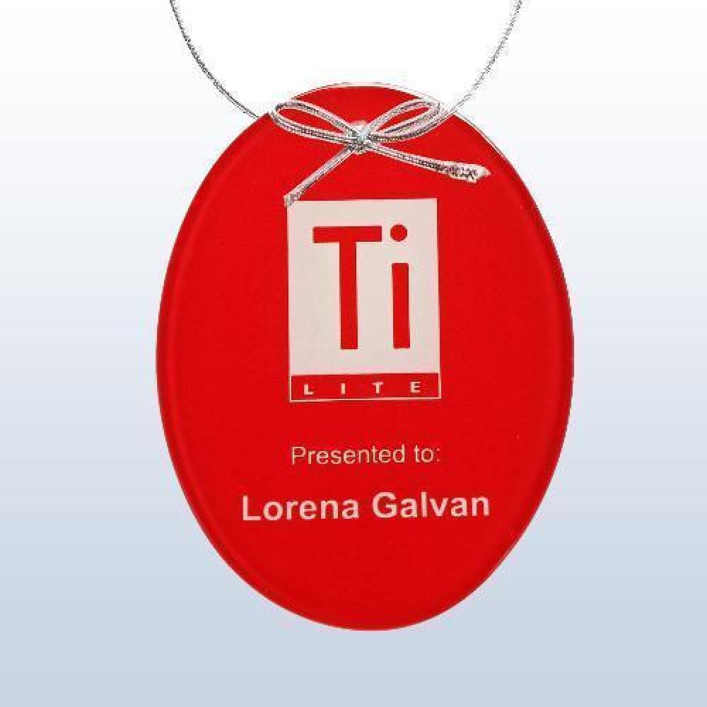 Red Oval Ornament — 3-3/4"H x 2-3/4"W x 1/8"D