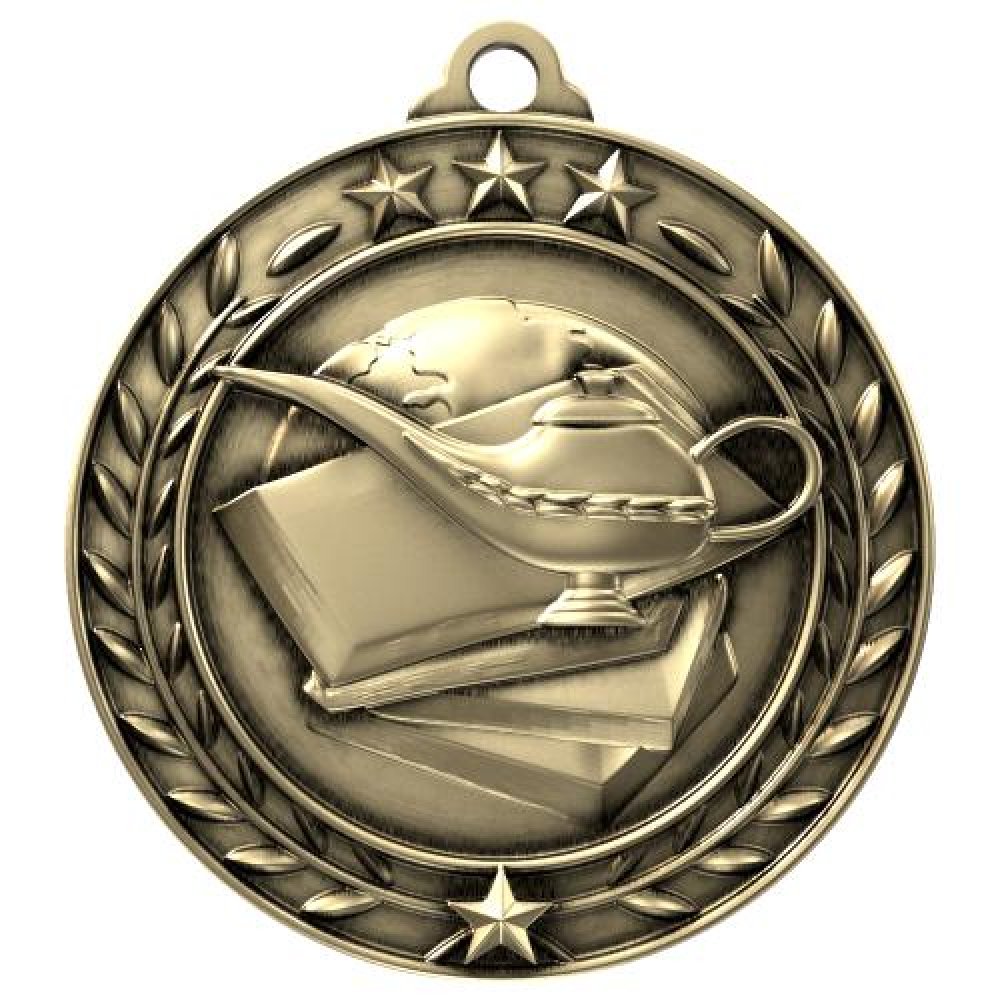 Wreath Medal -Book & Lamp — 2 3/4" - Antique Bronze