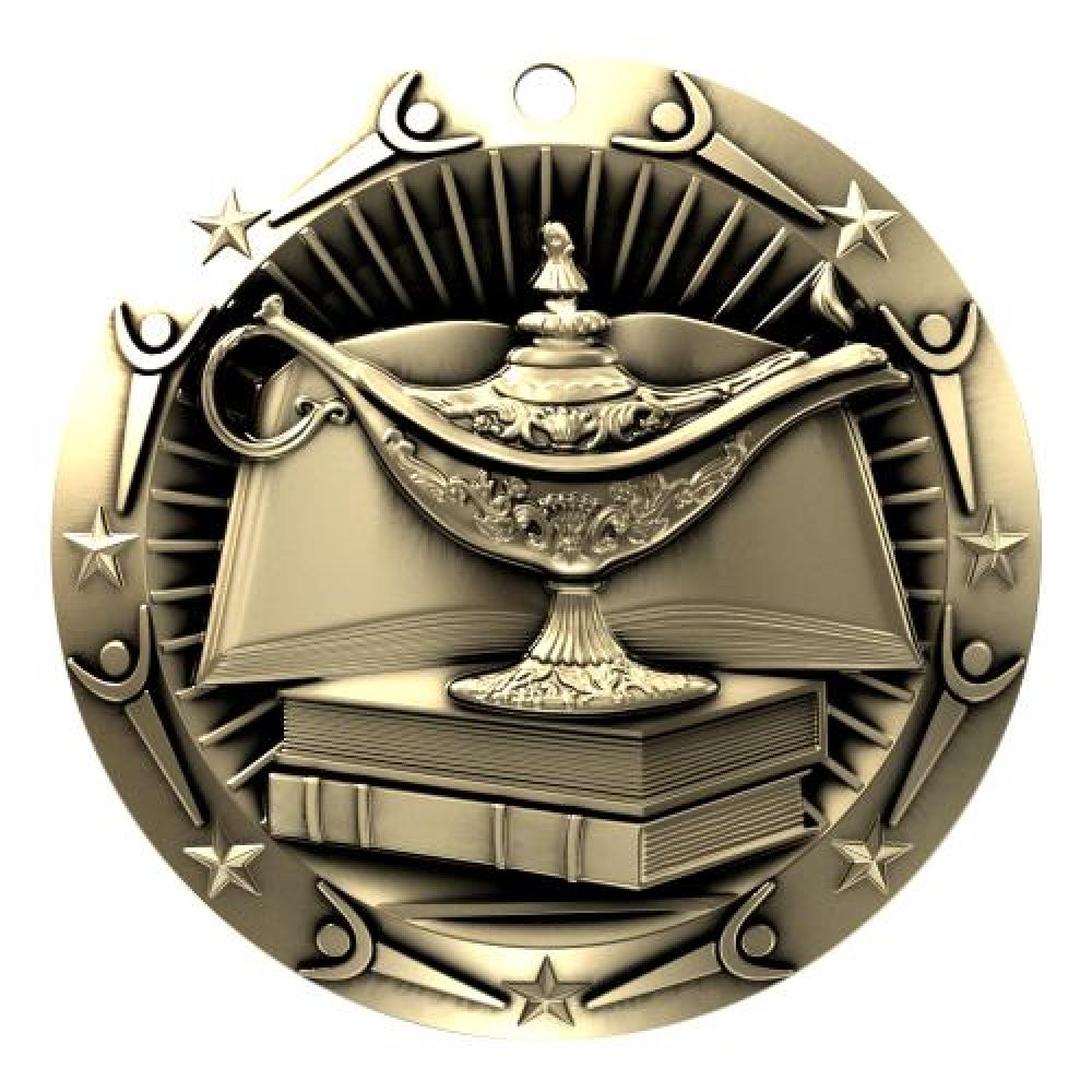 World Class Medal -Book & Lamp — 3" Round (Silver)