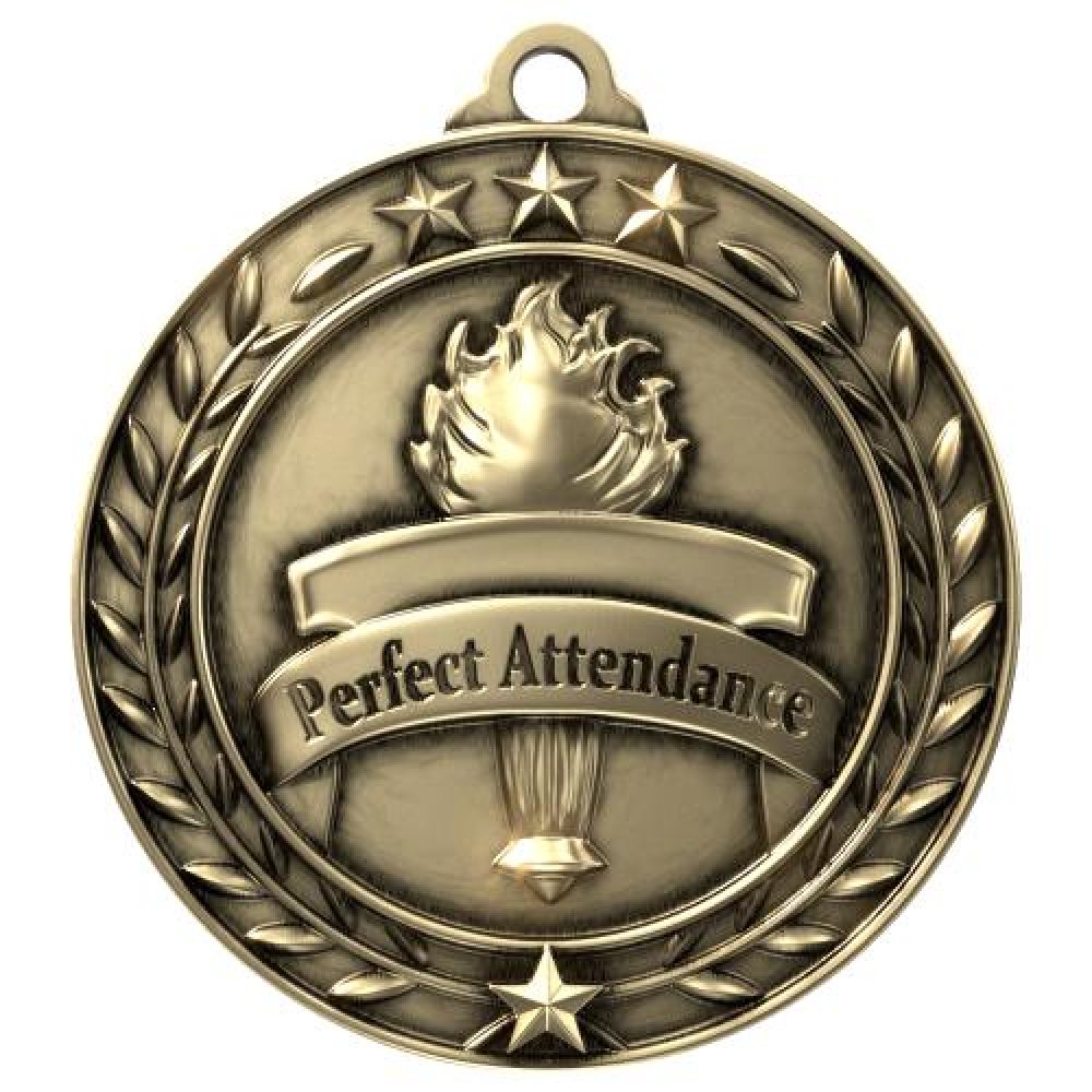 Wreath Award Medallion -Perfect Attendance — 2 3/4" - Antique Gold