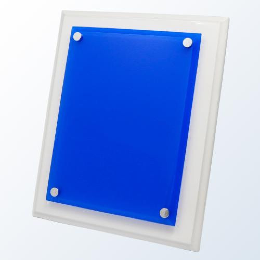White Wood Plaque - Blue Acrylic Plate — 10"H x 8"W x 1/2"D