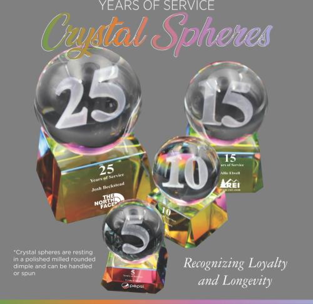 Crystal Globe Years of Service — 3-1/2" SPHERE 25 YEAR W/ 3.93 X 3.93 X 2" RAINBOW IRRIDESCENT CRYSTAL