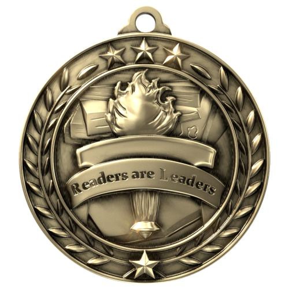 Wreath Award Medallion -Readers Are Leaders — 1 3/4" Antique Gold