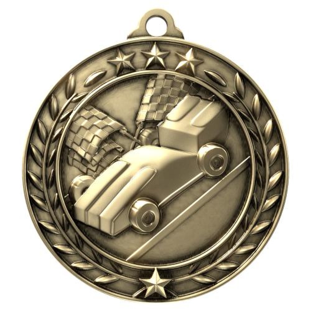 Wreath Award Medallion -Pinewood Derby — 2 3/4" Antique Gold Pinewood Derby Medal