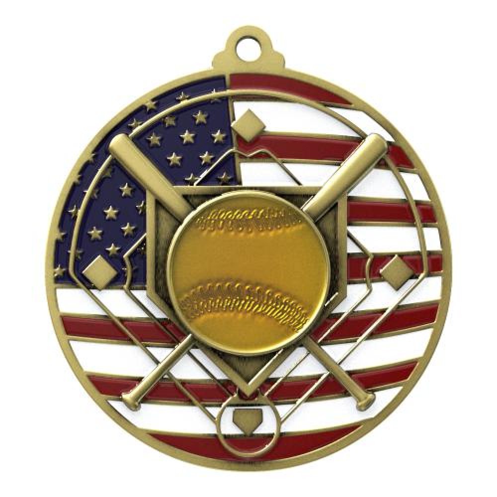PM Medal -Softball — 2 3/4" Antique Bronze Softball Patriotic Medallion