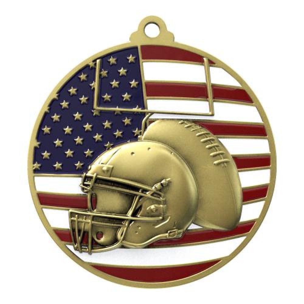 PM Medal -Football — 2 3/4" Antique Silver Football Patriotic Medallion