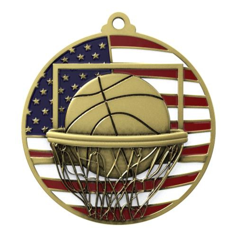 PM Medal -Basketball — 2 3/4" Antique Silver Basketball Patriotic Medallion