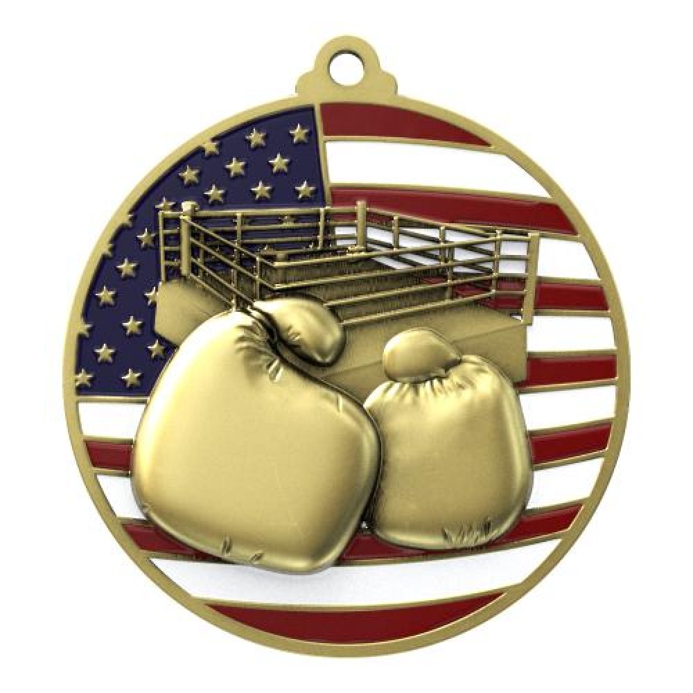 PM Medal -Boxing — 2 3/4" Antique Gold Boxing Patriotic Medallion