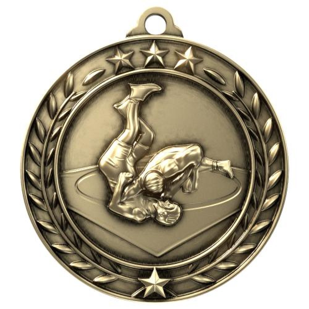 Wreath Award Medallion -Wrestling — 2 3/4" - Antique Gold