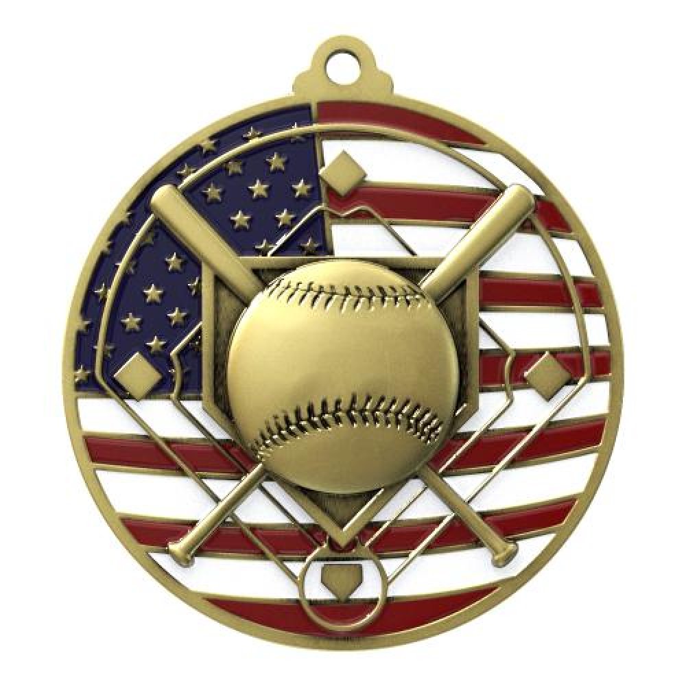PM Medal -Baseball — 2 3/4" Antique Silver Baseball Patriotic Medallion