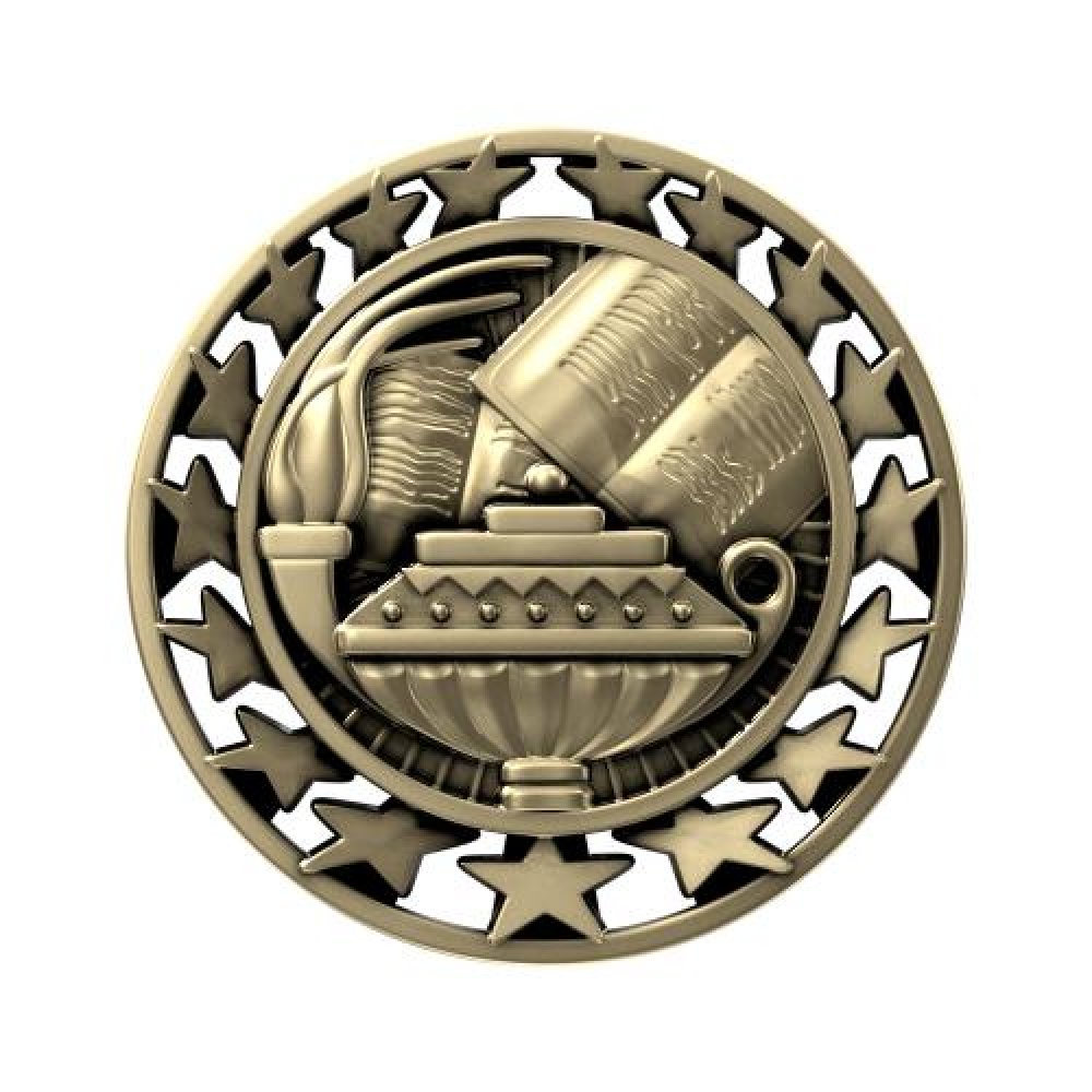 SM Medal -Book & Lamp — 2 1/2" Antique Silver Book & Lamp Star Medallion
