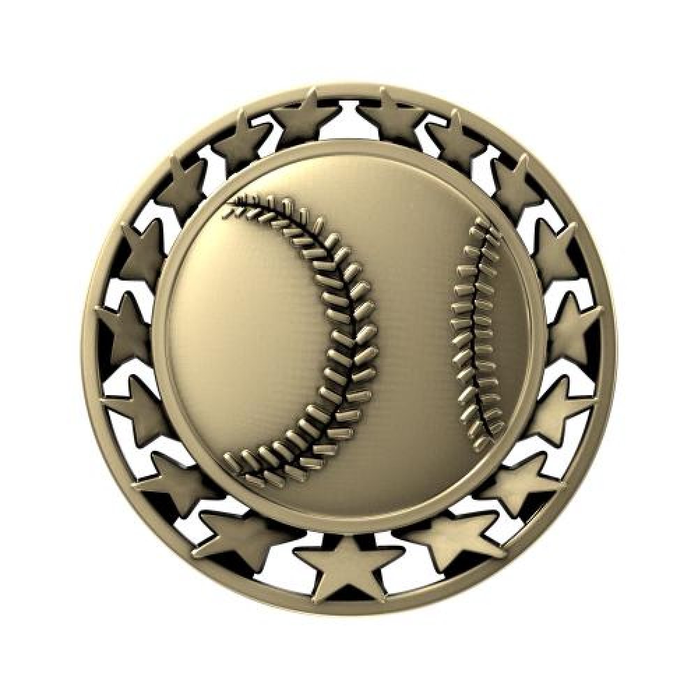 SM Medal -Baseball — 2 1/2" Antique Bronze Baseball Star Medallion