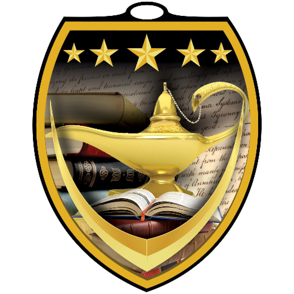 Vibraprint Shield Medallion -Book & Lamp — 3" Vibraprint Shield Book & Lamp Medallion