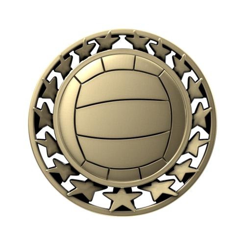 SM Medal -Volleyball — 2 1/2" Antique Gold Volleyball Star Medallion