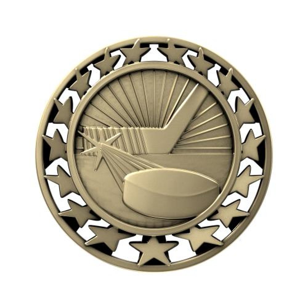 SM Medal -Hockey — 2 1/2" Antique Gold Hockey Star Medallion