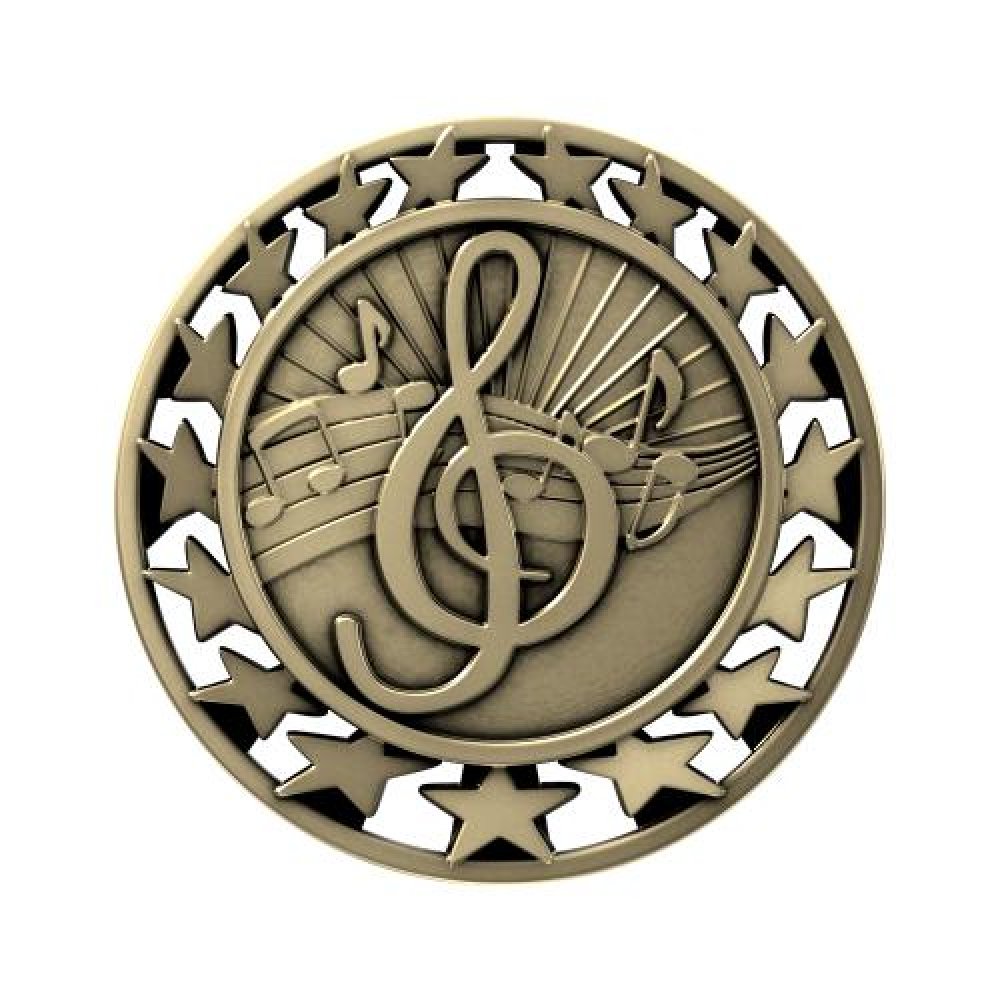 SM Medal -Music — 2 1/2" Antique Silver Music Star Medallion