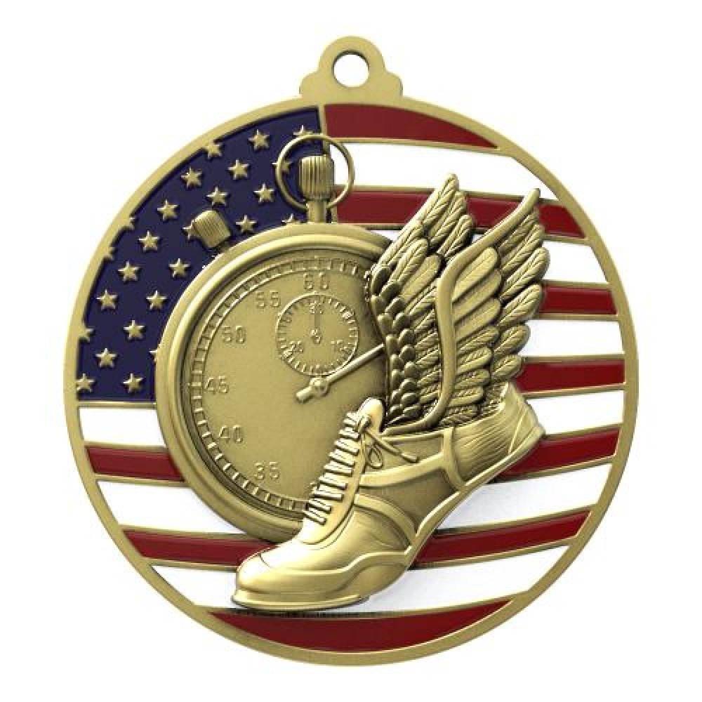 PM Medal -Track — 2 3/4" Antique Gold Track Patriotic Medallion