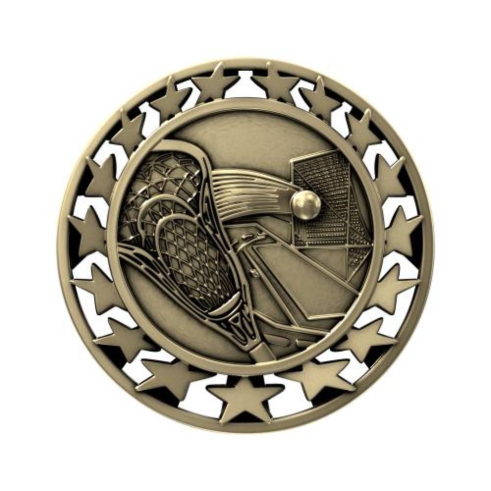 SM Medal -Lacrosse — 2 1/2" Antique Silver Lacrosse Star Medallion
