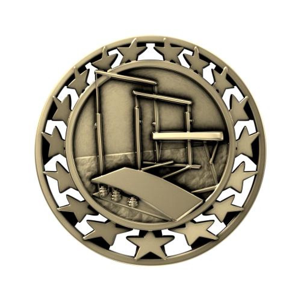 SM Medal -Gymnastics — 2 1/2" Antique Gold Gymnastics Star Medallion
