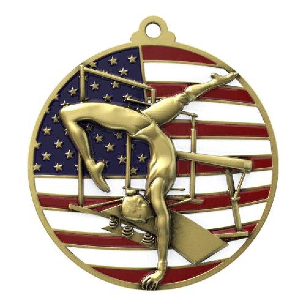 PM Medal -Gymnastics — 2 3/4" Antique Gold Gymnastics Patriotic Medallion