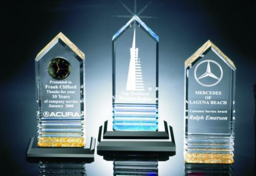 Fluted Bottom Beveled Tower Acrylic Award — 4" wide x 10" tall x 2" thick