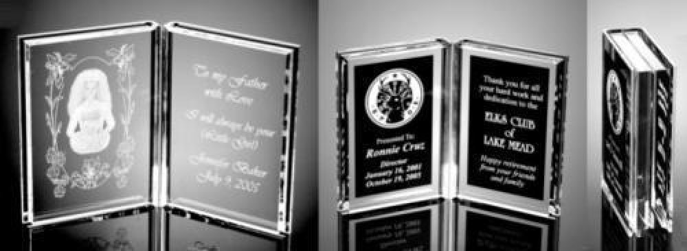 Folding Book Award Acrylic Award — 4" wide x 6" tall x -3/4" thick. Unfolds to be 8" wide.