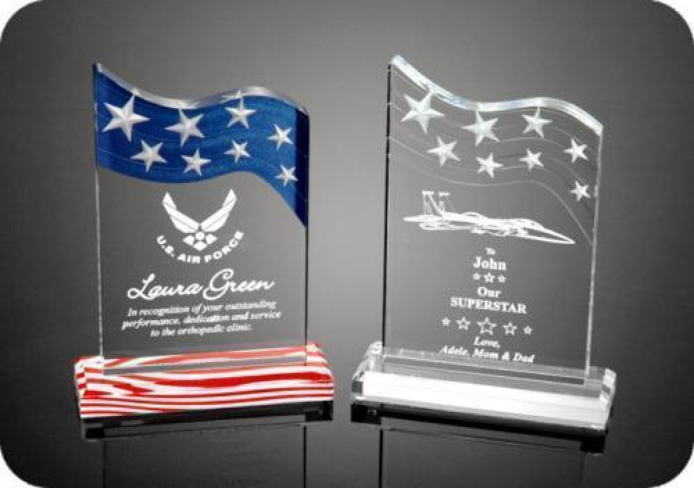 Stars and Stripes Acrylic Award — 4-7/8" wide x 7-1/2" tall x -3/4" thick (Clear)
