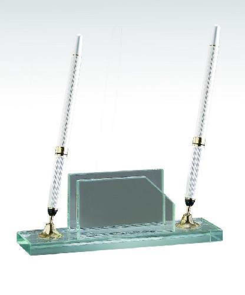 Jade Glass Pen Set Business Card Holder — 2 1/2" x 7" x 2" - Black Pens
