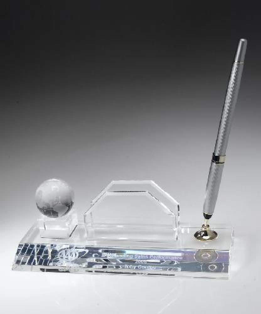 Globe Pen Set Business Card Holder — 2 3/4" x 8" x 3" - Silver Pen