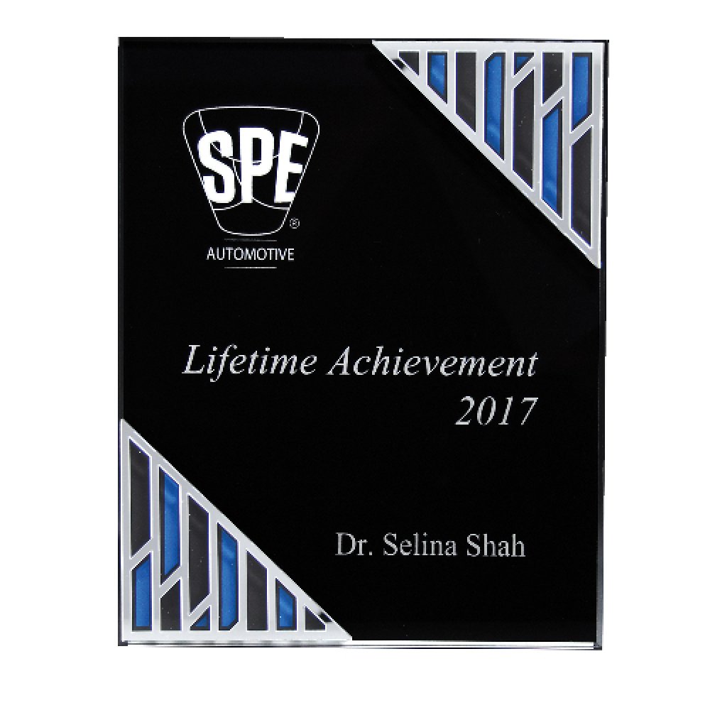 Black Acrylic Plaque with Accent and Mirror Corner — 8" x 10" x 7/8" Color(s): Blue, Black, Silver
