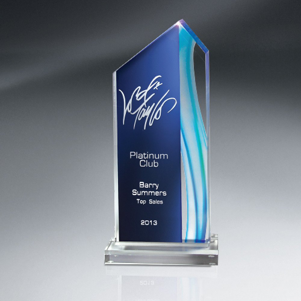 Aquus Lucite Peak Award — 6" x 9 1/4" x 2" Color(s): Clear, Blue