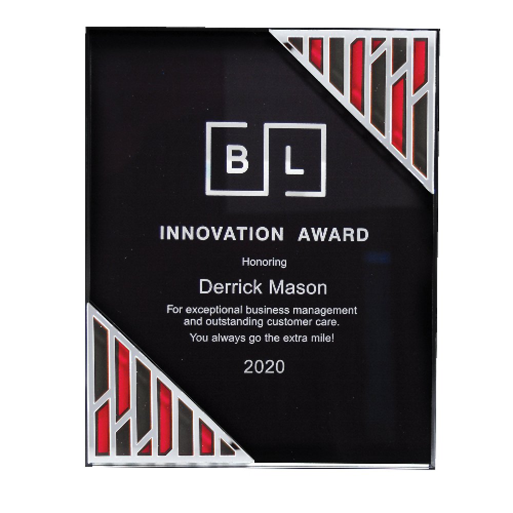 Black Acrylic Plaque with Accent and Mirror Corner — 8" x 10" x 7/8" Color(s): Red, Black, Silver