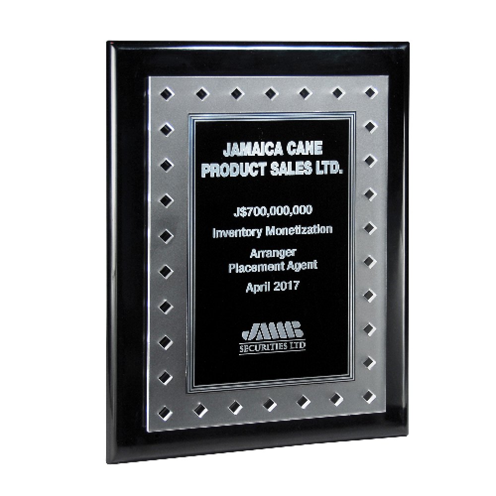 Frosted Lucite on Black Piano Plaque and Color Plate — 9" x 12" Color(s): Clear, Black