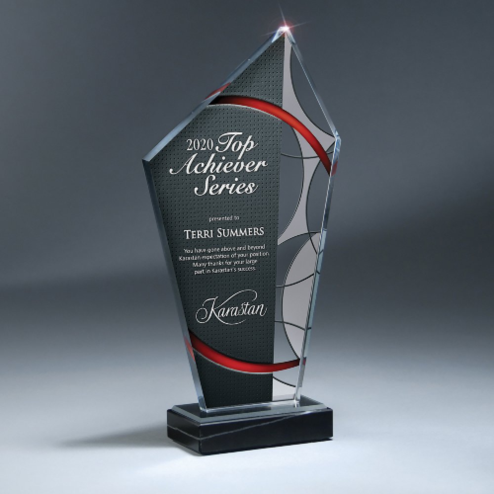 Deco Design Lucite Peak on Black Marble Base — 5 1/2" x 11" x 1 3/4 Color(s): Clear, Red, Black