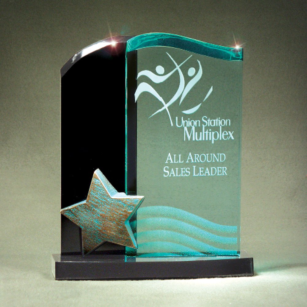 Patina Star Double Wave Jade and Black Lucite on Base — 7 3/4" x 9 3/4" x 2 Color(s): Jade Green, Patina Bronze, Black