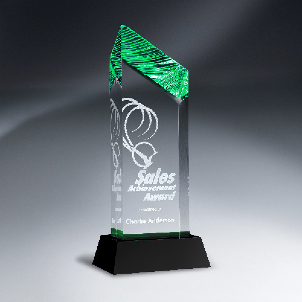 Chisel Carve Tower on Base — 4" x 9 3/4" x 3" Color(s): Clear, Green, Black