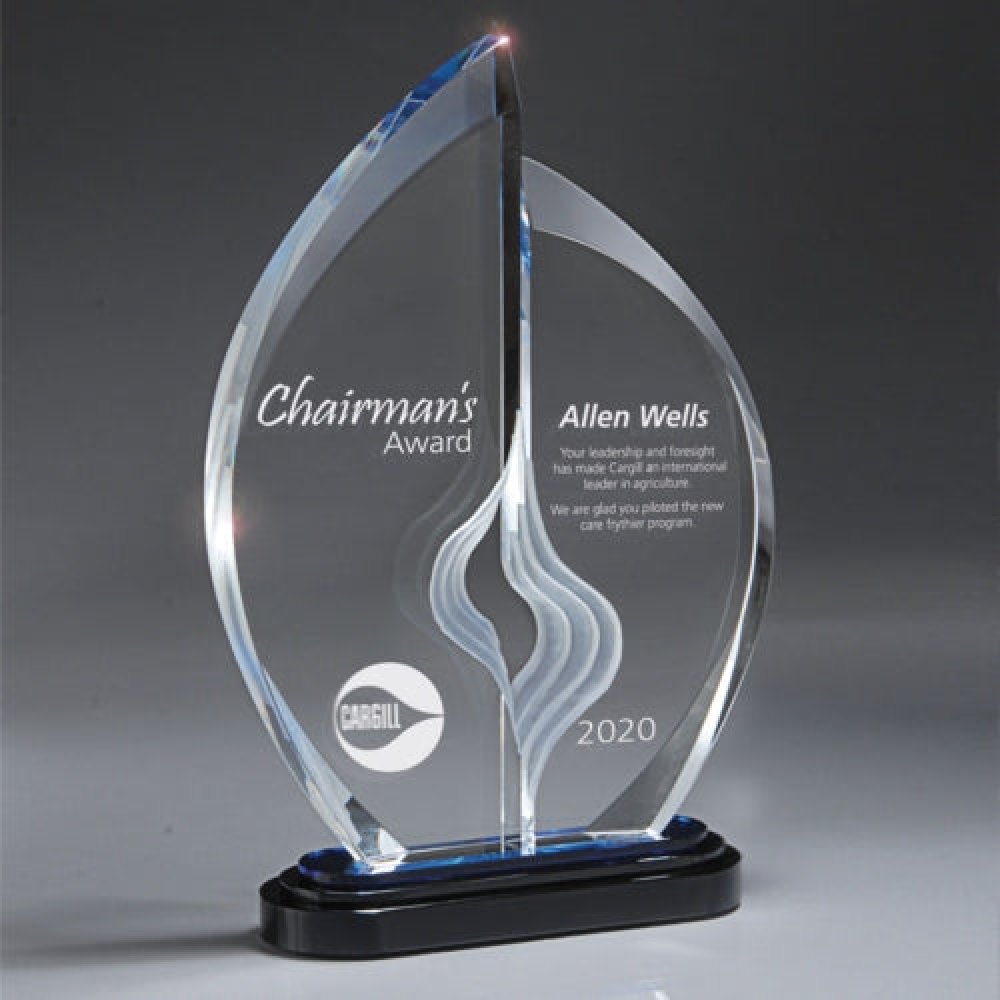 Optic Crystal Carved Divide Tandem on Tiered Glass Base — 7 1/2" x 11 1/4" Sold only as shown.