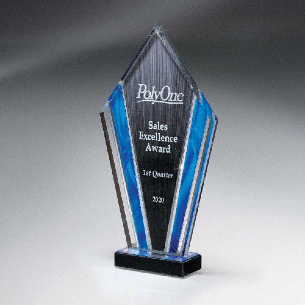 Sapphire Blue Accent Diamond Carve Deco Tower On Black Marble Base — 7 3/4" x 12 3/4" Color(s): Clear, Black, Sapphire Blue